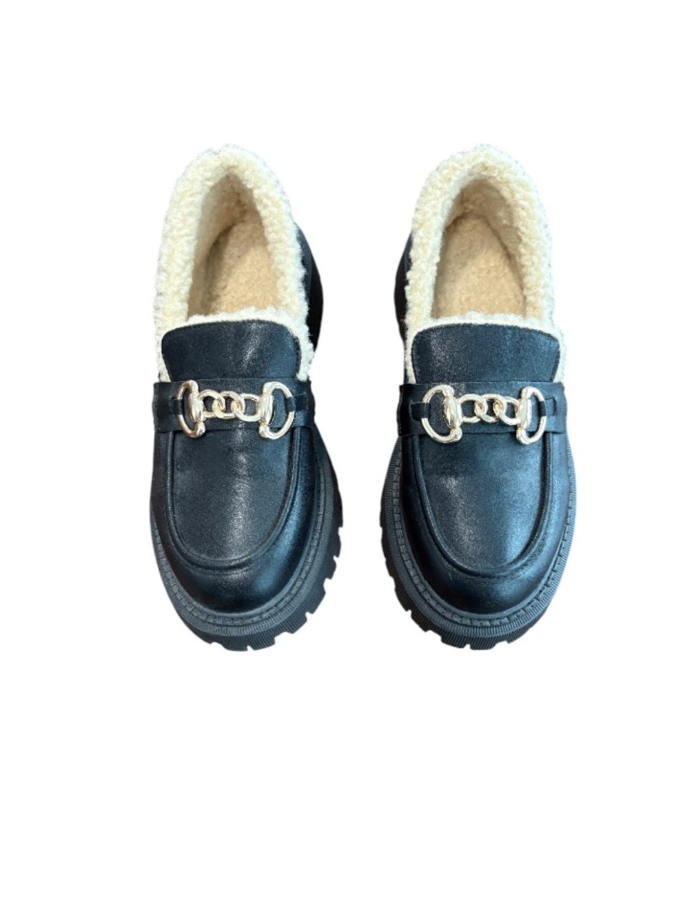 Black Faux Leather Sherpa Lined Chunky Lug Sole Bit Loafers Size 40 (9 US)